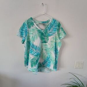 Tahari White Teal Palm Print Blouse 2X 100% Cotton Tropical Summer Top